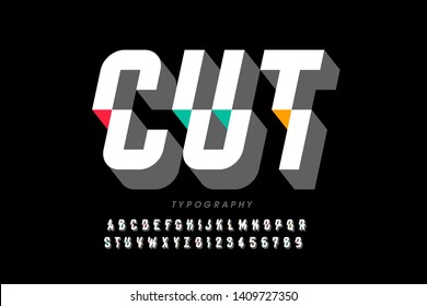 Cut font, modern style 3d alphabet, letters and numbers vector illustration