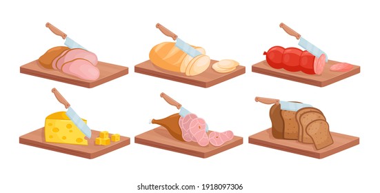 Cut Food Ingredient For Lunch Or Breakfast Sandwich Isometric Vector Illustration. Cartoon 3d Slices Of Cheese Bread Meat Salami Sausage Or Jamon And Slicing Kitchen Knife Collection Isolated On White