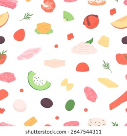 Cortar ingredientes alimentares padrão sem emenda. Fatia de salmão, caviar, queijo e jamon, frutas, mozzarella, mortadela, pepino e azeitona. Design vetorial de impressão