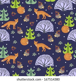 Cut forest pattern with foxes and hedgehogs.  For fabric, wrapping paper, print and web projects.