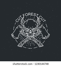 Cut forest cut. Vector illustration of black and white tattoo graphic human skull with axes and horns. Lined symbol