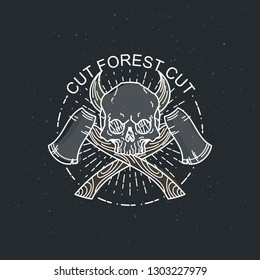 Cut forest cut. Vector illustration of color tattoo graphic human skull with axes and horns. Lined symbol