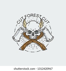 Cut forest cut. Vector illustration of color tattoo graphic human skull with axes and horns. Lined symbol