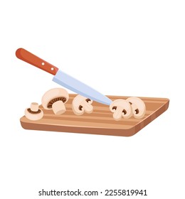 Cut fresh champignon mushrooms on board cartoon illustration. Preparing ingredients for salad, making healthy dinner. Food, vegetables concept