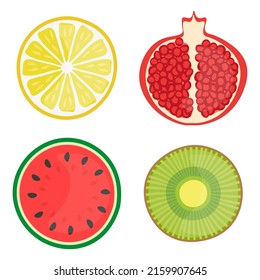 Ilustración de frutos cortados, ilustración vectorial. Comida deliciosa, recolección de trozos de fruta