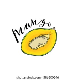 The cut fruit of mango on a white background with the word Mango. Lettering.
