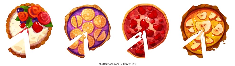 Cut fruit and vegetable pies top view set isolated on background. Vector cartoon illustration of pieces of homemade apple, cherry, lemon tarts, birthday cake decorated with cream flowers, menu icons