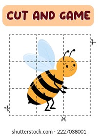 Cut and game bee. Educational children game, printable worksheet.Puzzles with insects
