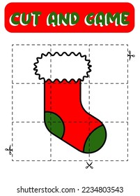 Cut and game christmas sock. Educational children game, printable worksheet.Puzzles with sock.