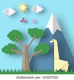 Cut Giraffes, Mountains, Tree, Clouds, Sun for Paper Origami Concept, Applique Scene. Childish Cutout Template with Elements, Symbols. Toy Landscape for Card, Poster. Vector Illustrations Art Design.