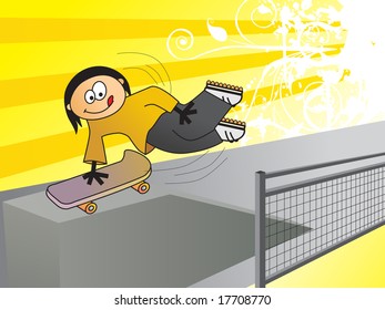 cut girl jumping with skateboard, illustration
