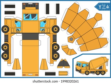 Cut and glue the 3d concrete-mixer. Kids game and activity page. Diy a paper toy. Worksheet with education riddle. Birthday party decor with construction vehicles.