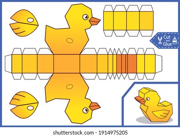 Cut and glue the 3d duck. Children crafts activity page. Diy a paper toy. Worksheet with kids game. Birthday decor. Vector illustration.