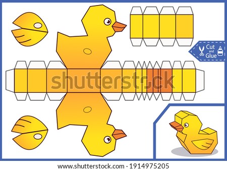 Cut and glue the 3d duck. Children crafts activity page. Diy a paper toy. Worksheet with kids game. Birthday decor. Vector illustration.