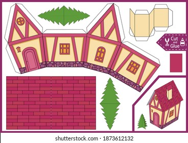 Cut And Glue The 3d House. Children Crafts Activity Page. Diy A Paper Building. Worksheet With Kids Game. Birthday Decor Of Doll House.