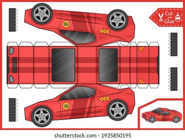 Cut and glue 3d paper racing car. Kids craft game. Children worksheet and activity page. Birthday décor auto racing. Vector illustration.