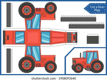 Cut and glue 3d paper tractor. Kids craft game. Children worksheet. Activity page. Vector illustration.