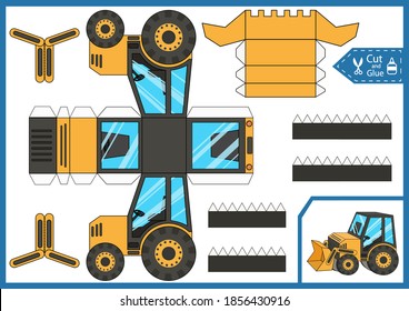 Cortar y pegar el tractor 3d. Página de actividades de artesanía infantil. Die un vehículo de construcción de papel. Hoja de trabajo con juego para niños. Decoración de cumpleaños con coches de construcción. 