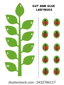 Cut and glue activity. Cute ladybugs on leaves. Count from 1 to 10.