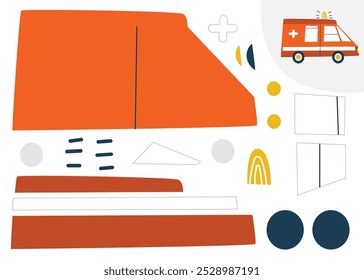 Cut and glue the ambulance. Children's educational puzzle game. Flat vector illustration