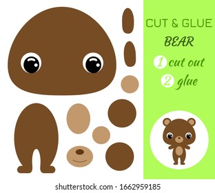 Cut and glue baby bear. Color paper application game. Educational paper game for preschool children. Cartoon character. Forest animal. Flat vector stock illustration.