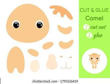 Cut and glue baby camel. Education developing worksheet. Color paper game for preschool children. Cut parts of image and glue on paper. Cartoon character. Colorful vector stock illustration.