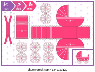 Cut and glue a baby carriage. Children art game for activity page. Paper 3d pram. Vector illustration.