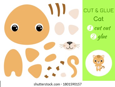 Cut and glue baby cat. Education developing worksheet. Color paper game for preschool children. Cut parts of image and glue on paper. Cartoon character. Colorful vector stock illustration.