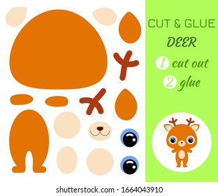Cut and glue baby deer. Color paper application game. Educational paper game for preschool children. Cartoon character. Forest animal. Flat vector stock illustration.