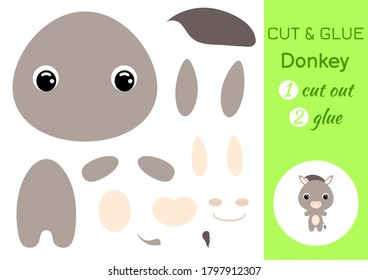 Cut and glue baby donkey. Education developing worksheet. Color paper game for preschool children. Cut parts of image and glue on paper. Cartoon character. Colorful vector stock illustration.