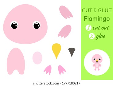 Cut and glue baby flamingo. Education developing worksheet. Color paper game for preschool children. Cut parts of image and glue on paper. Cartoon character. Colorful vector stock illustration.