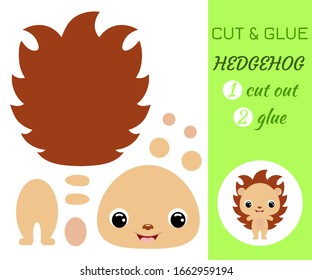 Cut and glue baby hedgehog. Color paper application game. Educational paper game for preschool children. Cartoon character. Forest animal. Flat vector stock illustration.