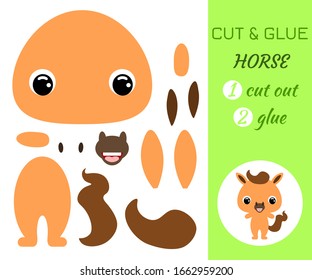 Cut and glue baby horse. Color paper application game. Educational paper game for preschool children. Cartoon character. Domestic animal. Flat vector stock illustration.