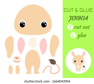 Cut and glue baby jerboa. Color paper application game. Educational paper game for preschool children. Cartoon character. African animal. Flat vector stock illustration.