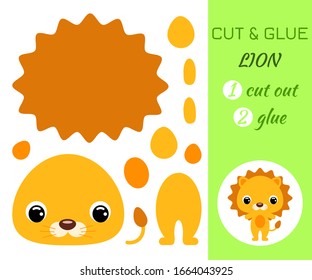 Cut and glue baby lion. Color paper application game. Educational paper game for preschool children. Cartoon character. African animal. Flat vector stock illustration.