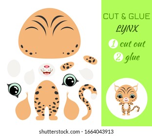 Cut and glue baby lynx. Color paper application game. Educational paper game for preschool children. Cartoon character. Flat vector stock illustration.