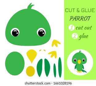 Cut and glue baby parrot. Color paper application game. Educational paper game for preschool children. Cartoon character. Flat vector stock illustration.