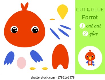 Cut and glue baby parrot. Education developing worksheet. Color paper game for preschool children. Cut parts of image and glue on paper. Cartoon character. Colorful vector stock illustration.