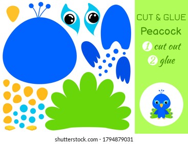 Cut and glue baby peacock. Education developing worksheet. Color paper game for preschool children. Cut parts of image and glue on paper. Cartoon character. Colorful vector stock illustration.