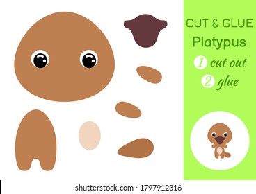 Cut and glue baby platypus. Education developing worksheet. Color paper game for preschool children. Cut parts of image and glue on paper. Cartoon character. Colorful vector stock illustration.