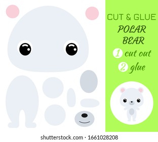 Cut and glue baby polar bear. Color paper application game. Educational paper game for preschool children. Cartoon character. Antarctic animal. Flat vector stock illustration.