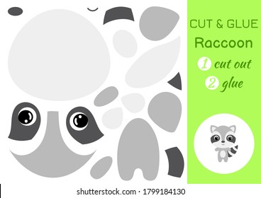 Cut and glue baby raccoon. Education developing worksheet. Color paper game for preschool children. Cut parts of image and glue on paper. Cartoon character. Colorful vector stock illustration.