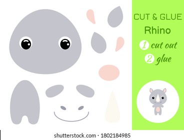 Cut and glue baby rhino. Education developing worksheet. Color paper game for preschool children. Cut parts of image and glue on paper. Cartoon character. Colorful vector stock illustration.