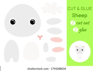 Cut and glue baby sheep. Education developing worksheet. Color paper game for preschool children. Cut parts of image and glue on paper. Cartoon character. Colorful vector stock illustration.