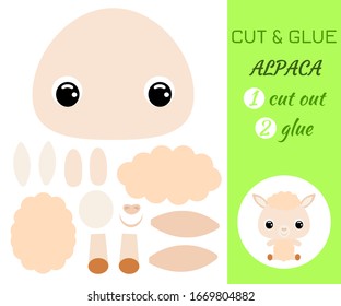 Cut and glue baby sitting alpaca. Color paper application game. Educational paper game for preschool children. Domestic animal. Cartoon character. Flat vector stock illustration.