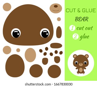 Cut and glue baby sitting bear. Color paper application game. Educational paper game for preschool children. Forest animal. Cartoon character. Flat vector stock illustration.