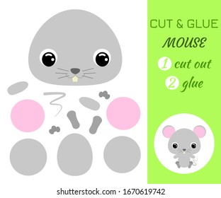 Cut and glue baby sitting mouse. Color paper application game. Educational paper game for preschool children. Cartoon character. Flat vector stock illustration.