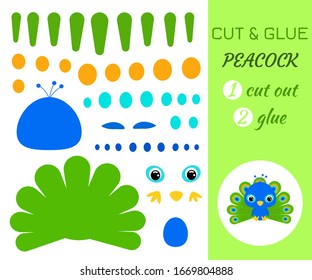 Cut and glue baby sitting peacock. Color paper application game. Educational paper game for preschool children. Cartoon character. Flat vector stock illustration.