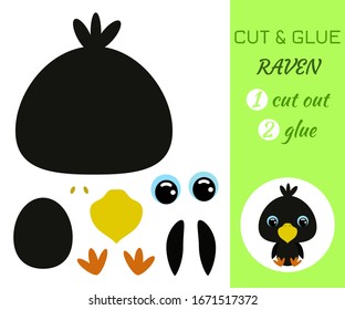 Cut and glue baby sitting raven. Color paper application game. Educational paper game for preschool children. Cartoon character. Flat vector stock illustration.