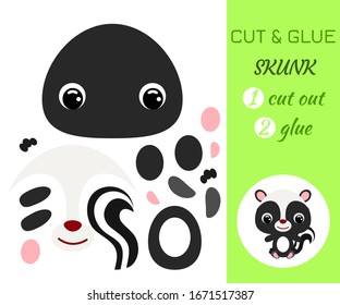 Cut and glue baby sitting skunk. Color paper application game. Educational paper game for preschool children. Forest animal. Cartoon character. Flat vector stock illustration.